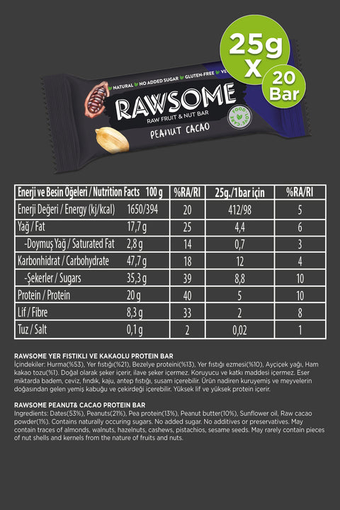Yerfıstığı ve Kakaolu Vegan Protein Bar (20 Adet)