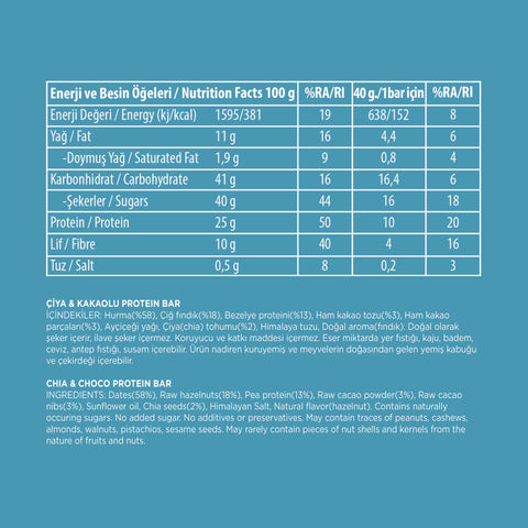 Chia ve Kakao Çekirdekli Yüksek Proteinli Bar 40g X 16 Adet