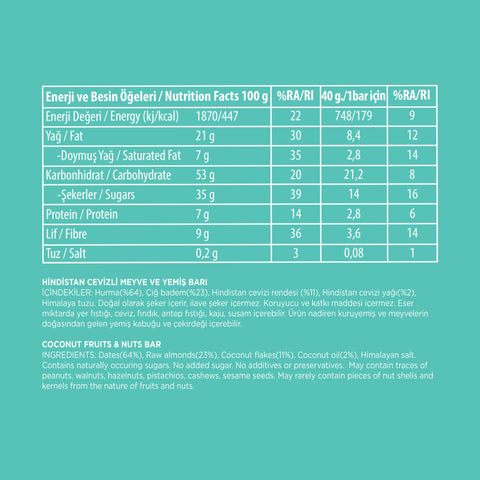 Hindistan Cevizli Glutensiz Ve Vegan Meyve Barı 40g X 16 Adet