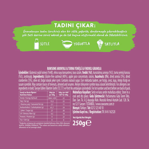 Glutensiz Aronyalı & Turna Yemişli & Fındıklı Granola 250 g